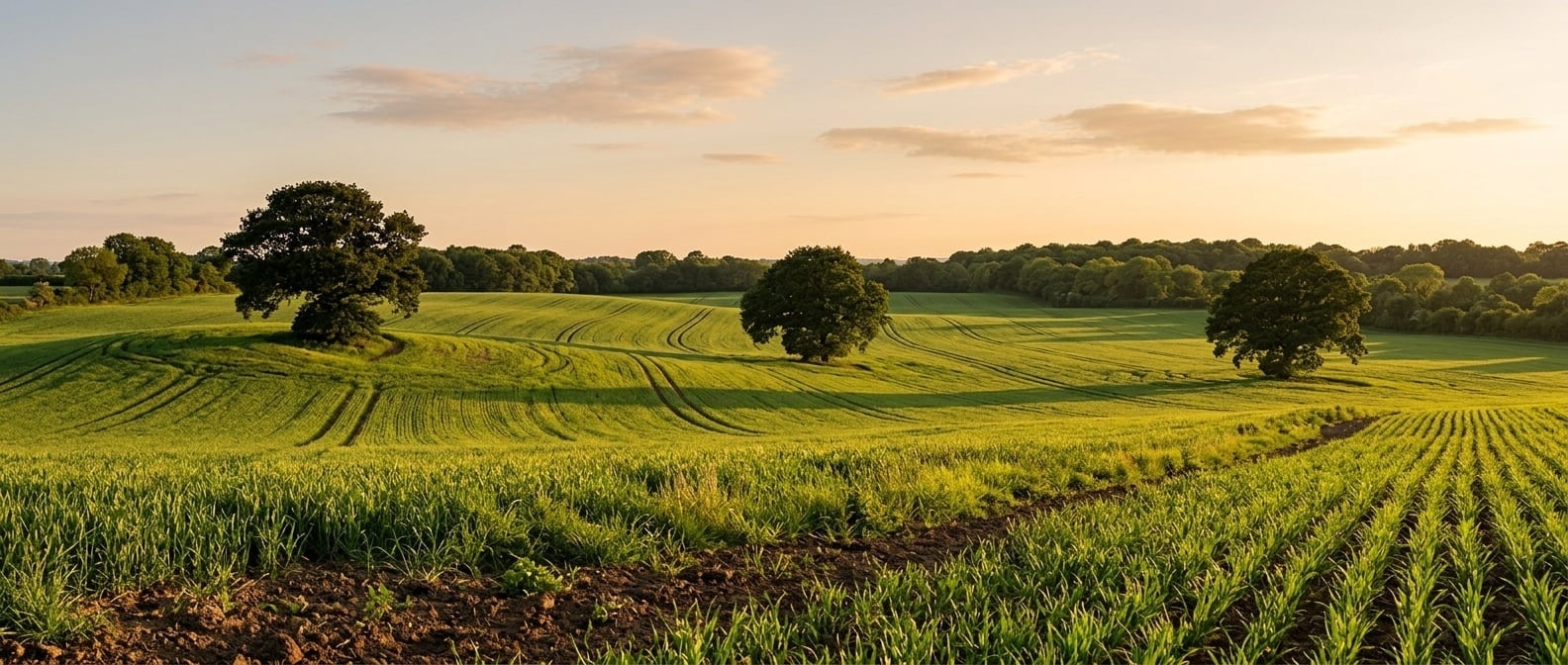 Rolling regenerative farmland at golden hour with healthy crops and pasture