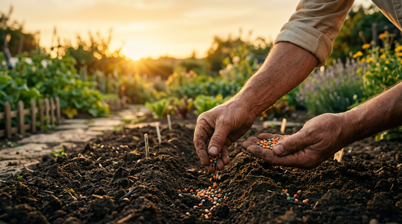 Hands sowing heirloom seeds into rich soil at golden hour