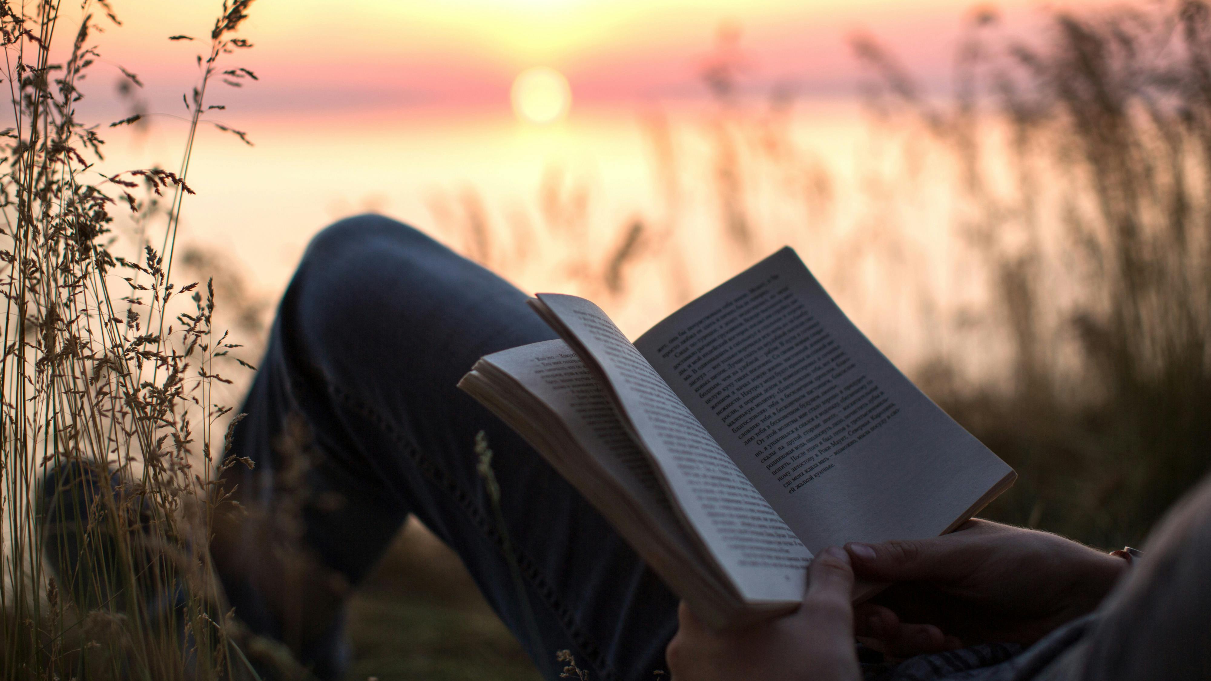 Young woman reading the Bible peacefully outdoors in warm golden light