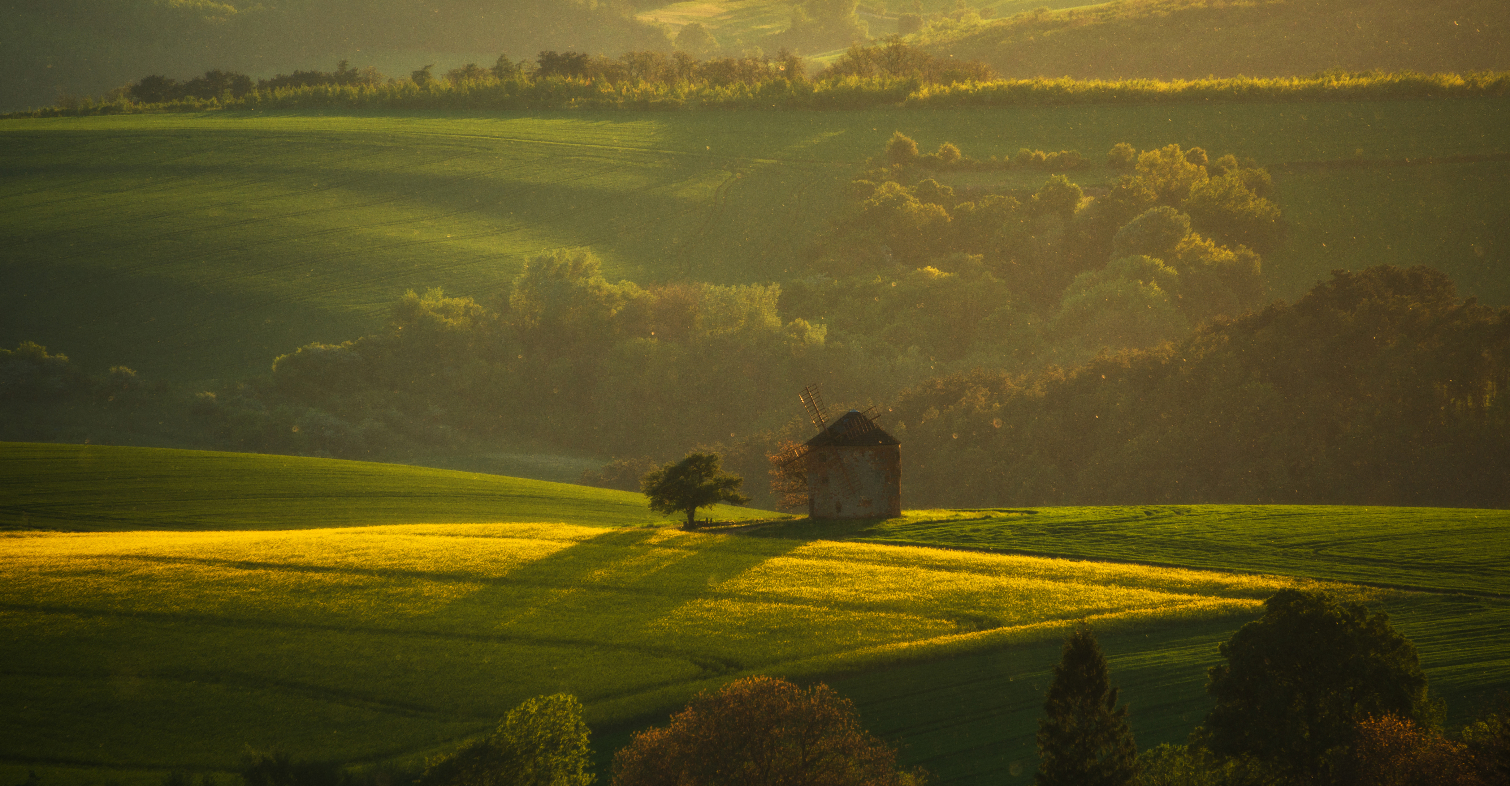 Rolling green hills and an old windmill bathed in golden sunset light