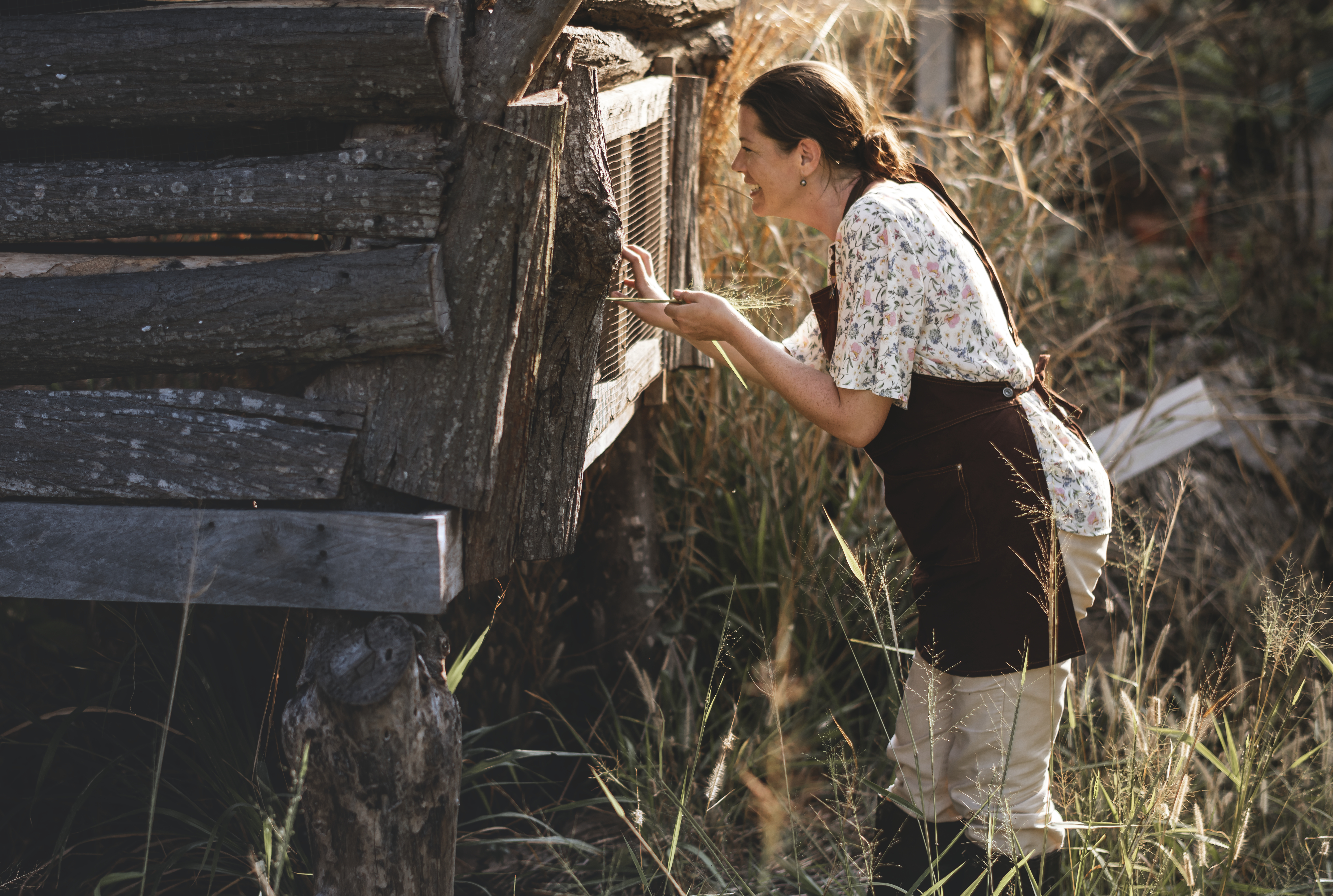 Woman tending to a beehive in warm golden light